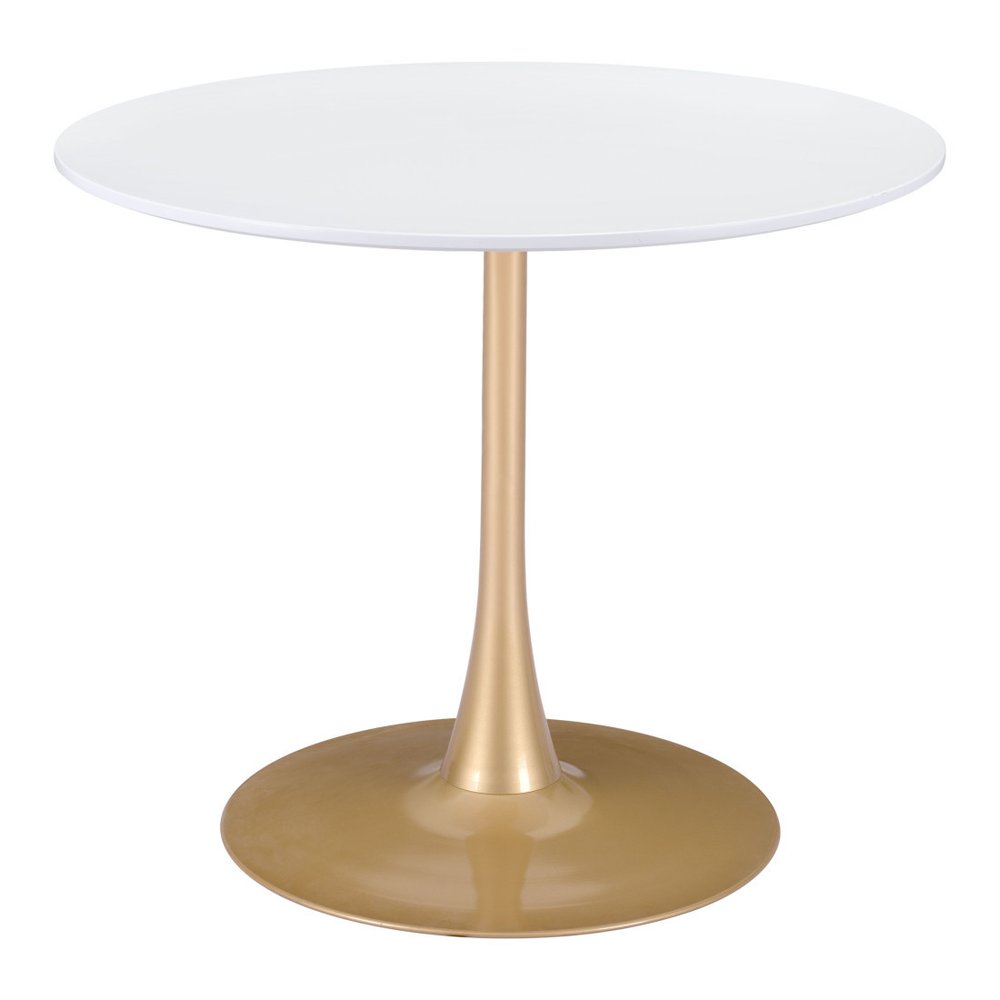 White and Gold Wood and Steel Pedestal Base Round Top Dining Table - 35-inch