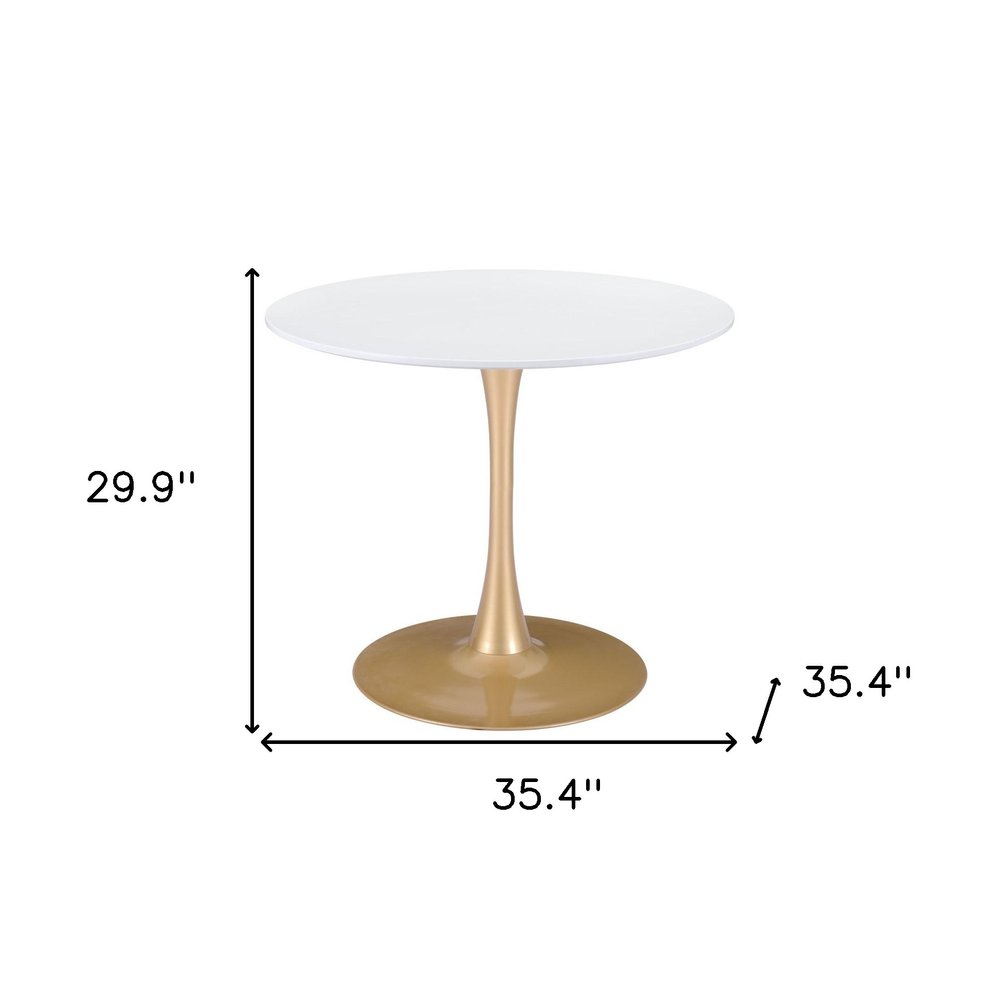 White and Gold Wood and Steel Pedestal Base Round Top Dining Table - 35-inch