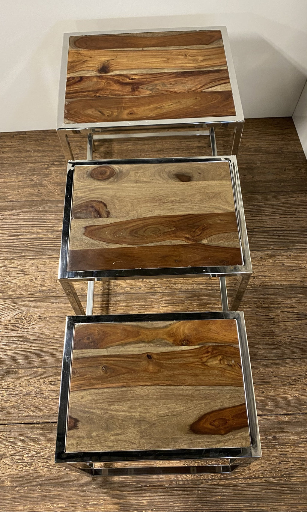 Set of Three 21 Silver and Brown Solid Wood Nested Tables