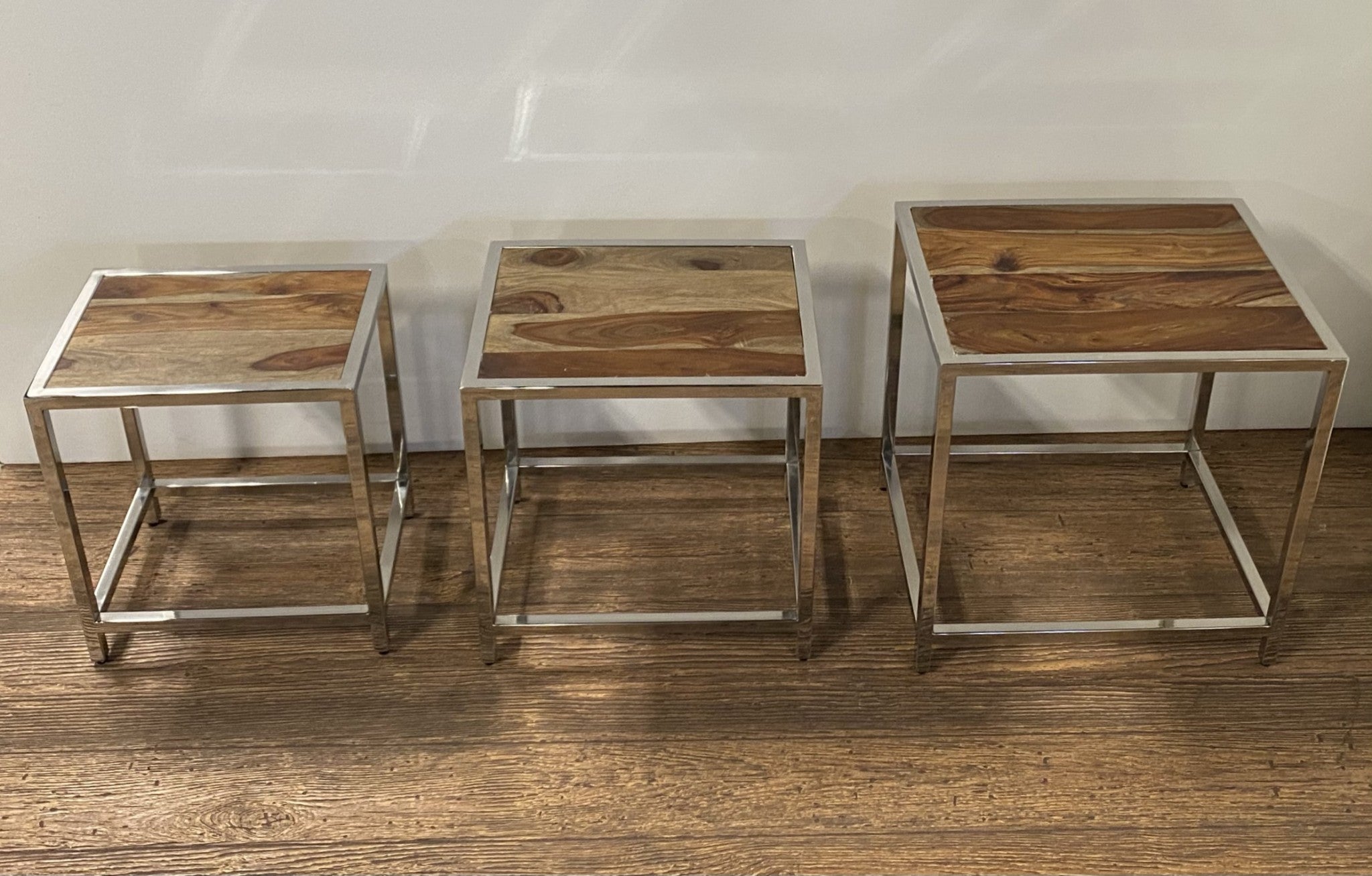 Set of Three 21 Silver and Brown Solid Wood Nested Tables