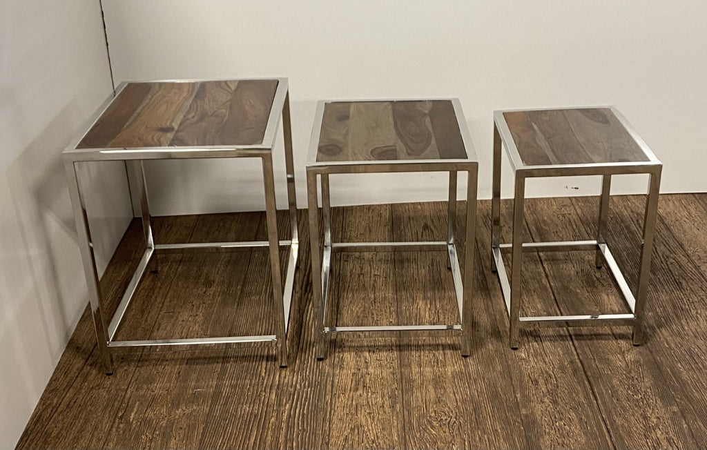 Set of Three 21 Silver and Brown Solid Wood Nested Tables
