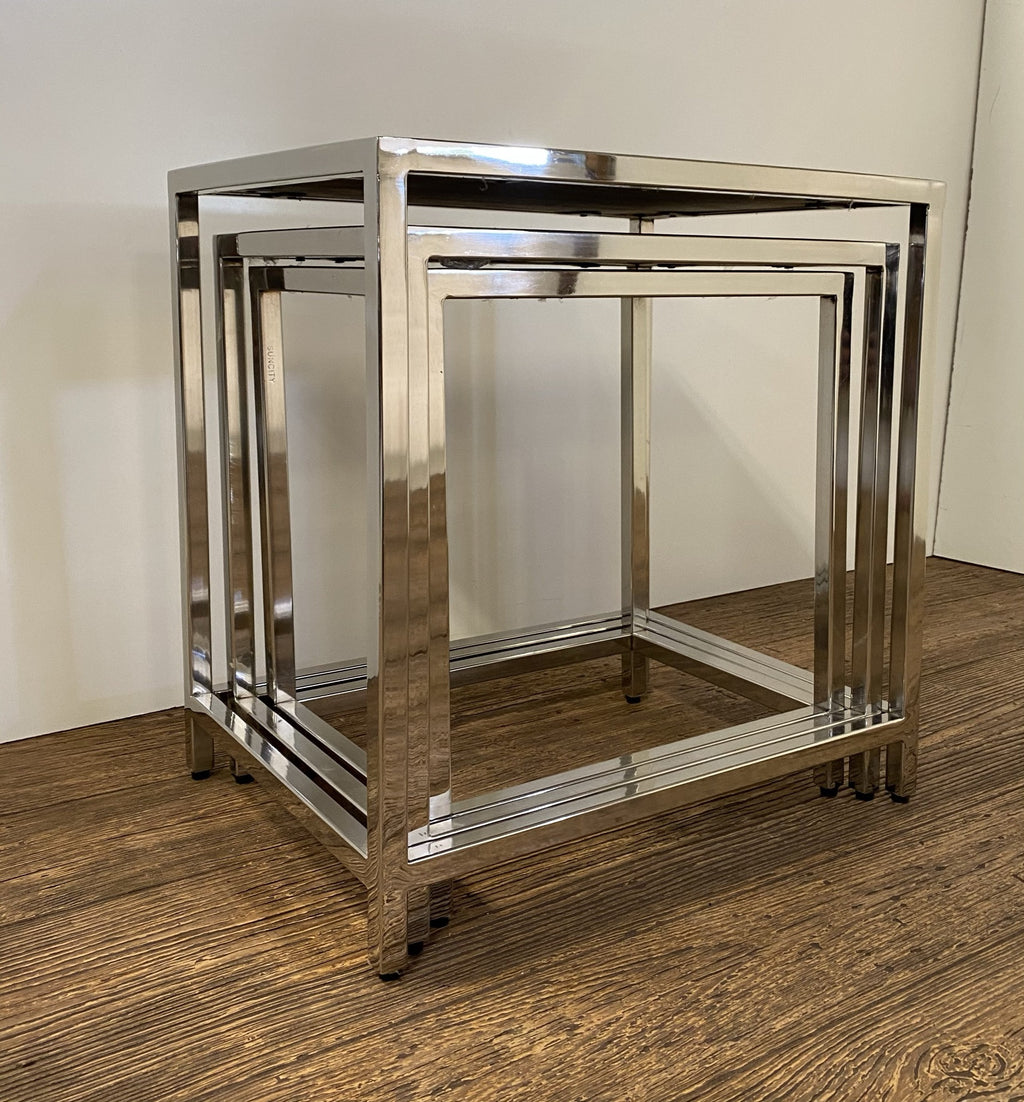 Set of Three 21 Silver and Brown Solid Wood Nested Tables