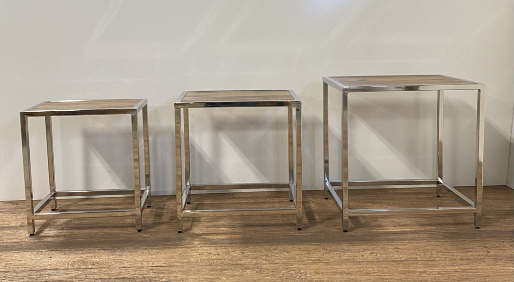 Set of Three 21 Silver and Brown Solid Wood Nested Tables