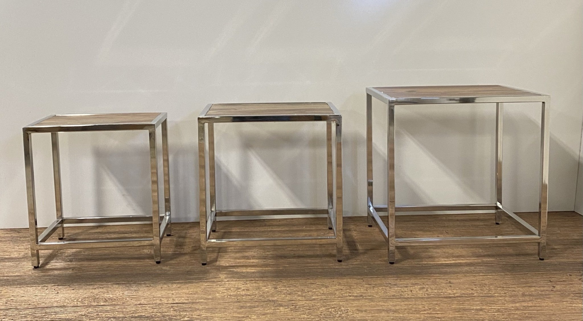 Set of Three 21 Silver and Brown Solid Wood Nested Tables
