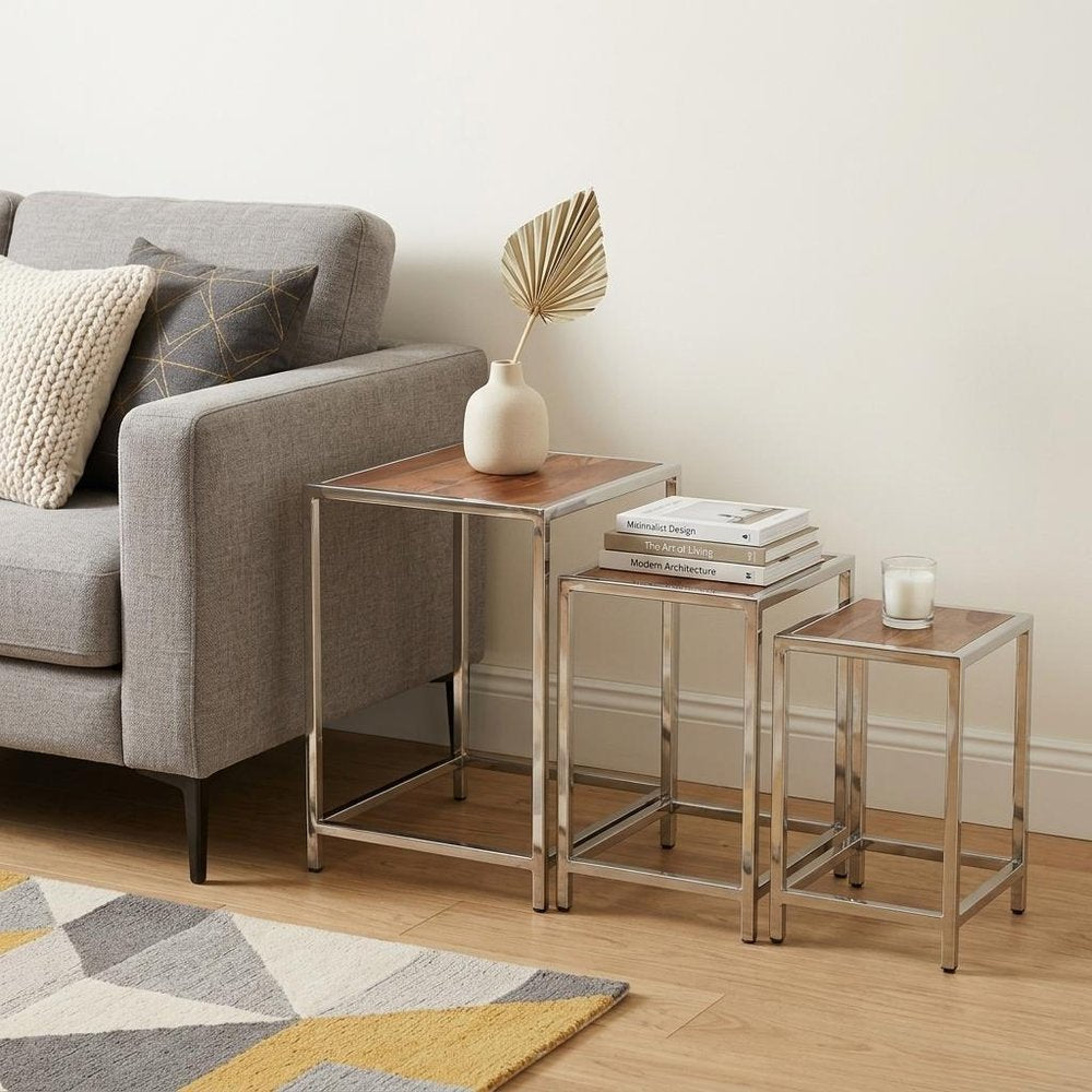 Set of Three 21 Silver and Brown Solid Wood Nested Tables