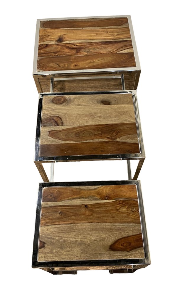 Set of Three 21 Silver and Brown Solid Wood Nested Tables