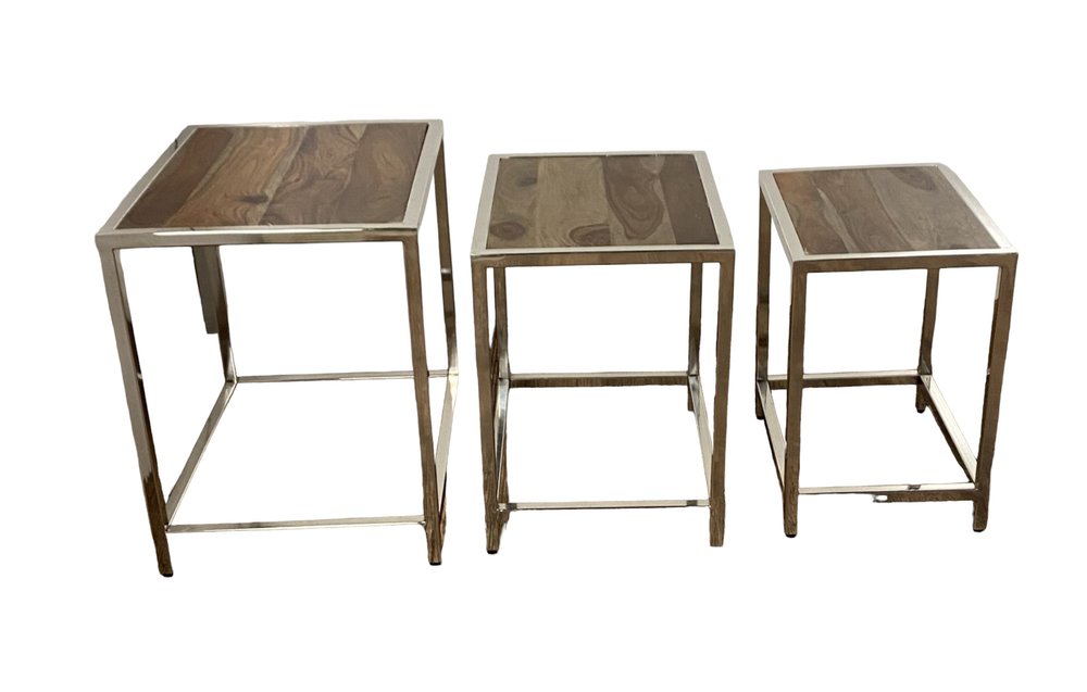 Set of Three 21 Silver and Brown Solid Wood Nested Tables
