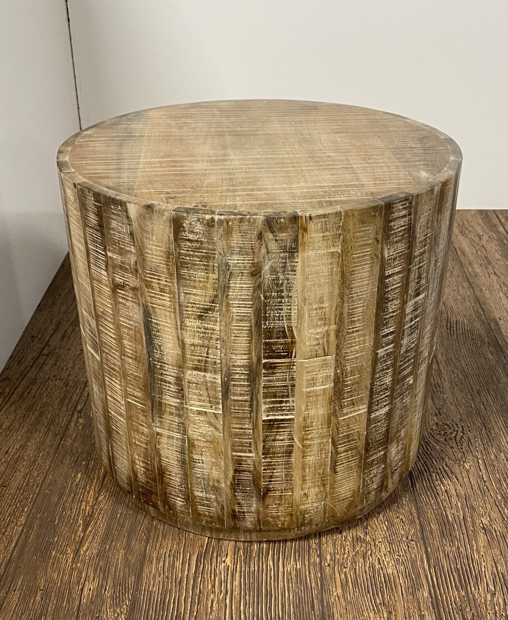 Natural Distressed Solid Wood Round Drum End Table - 20-inch