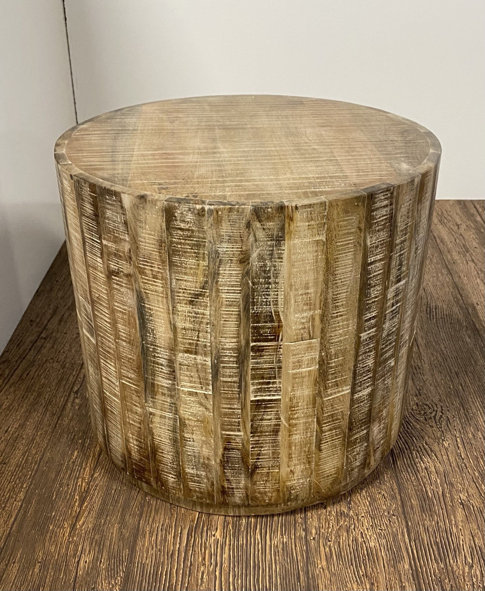 Natural Distressed Solid Wood Round Drum End Table - 20-inch