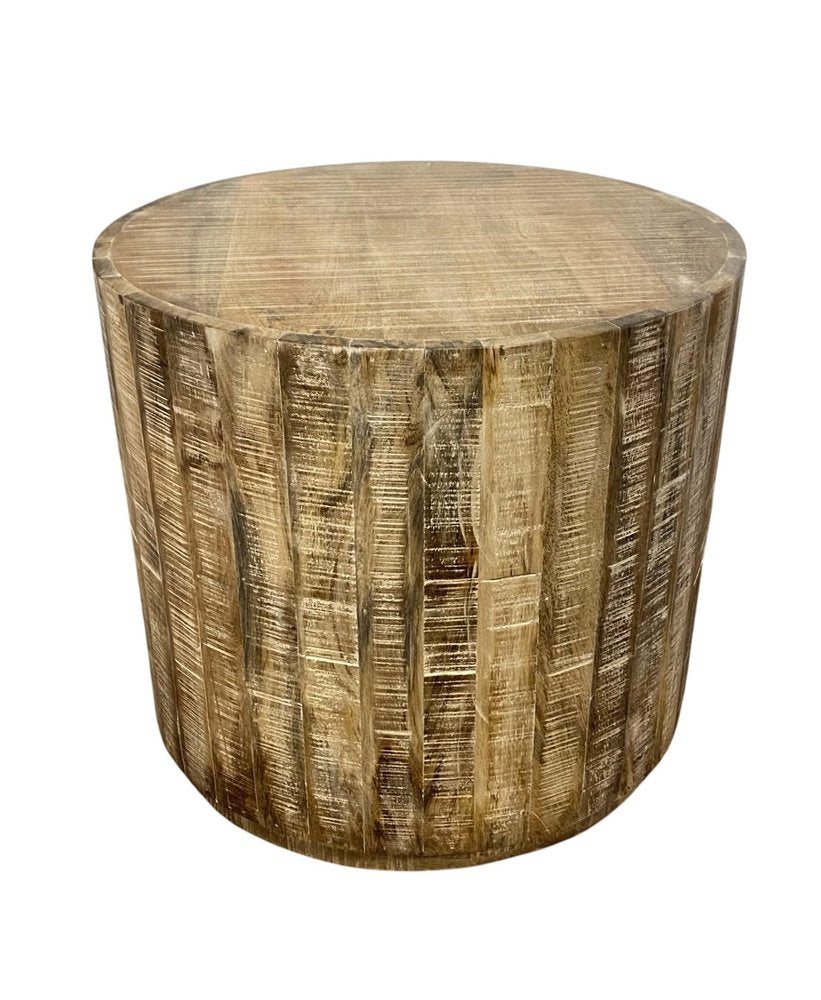 Natural Distressed Solid Wood Round Drum End Table - 20-inch