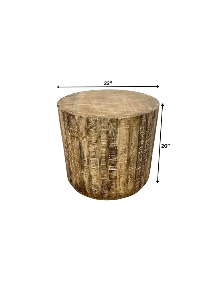 Natural Distressed Solid Wood Round Drum End Table - 20-inch