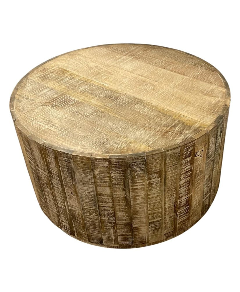 Brown Solid Wood Round Distressed Drum Coffee Table - 32-inch