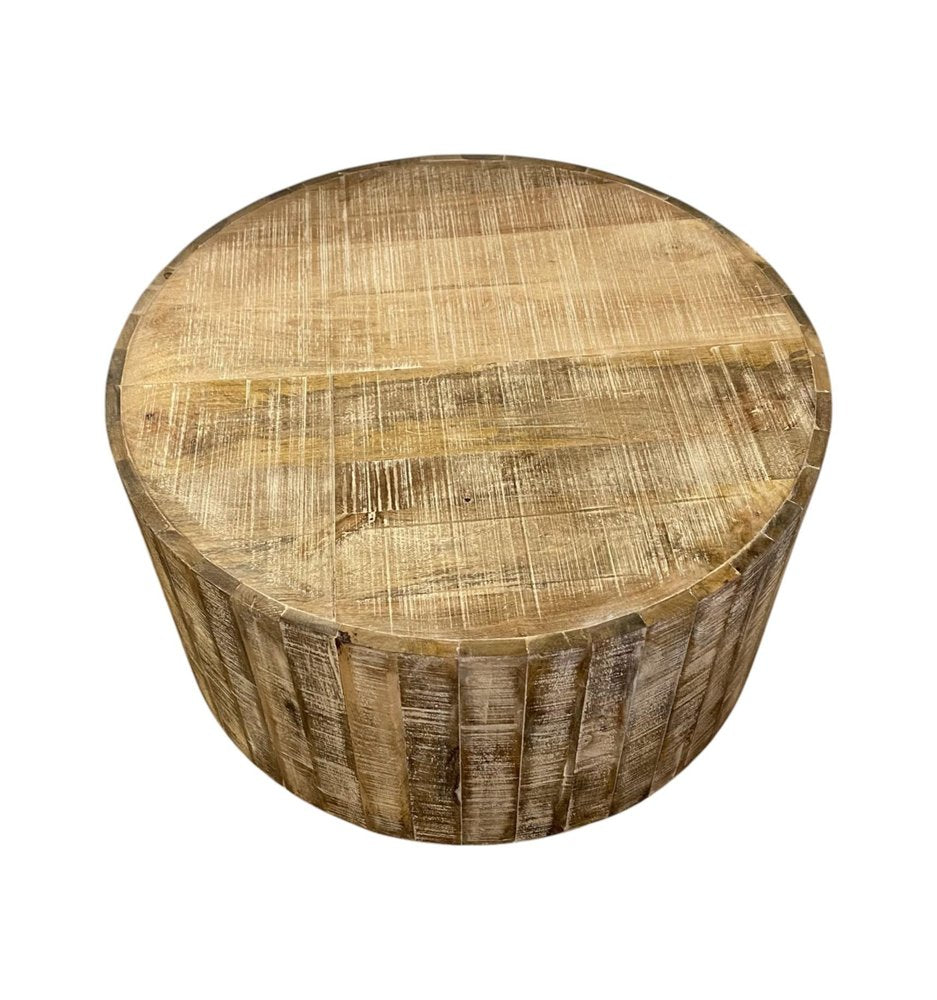 Brown Solid Wood Round Distressed Drum Coffee Table - 32-inch