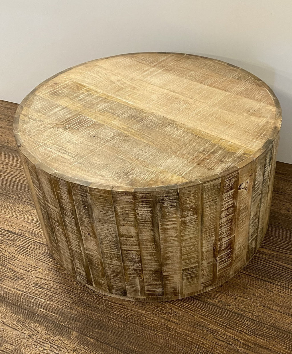 Brown Solid Wood Round Distressed Drum Coffee Table - 32-inch