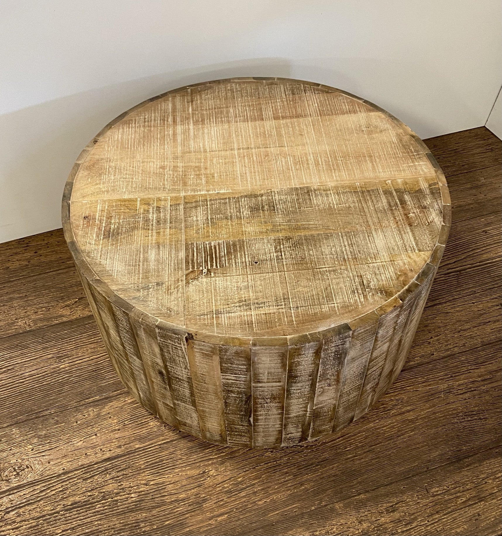 Brown Solid Wood Round Distressed Drum Coffee Table - 32-inch