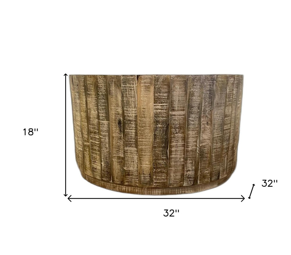 Brown Solid Wood Round Distressed Drum Coffee Table - 32-inch