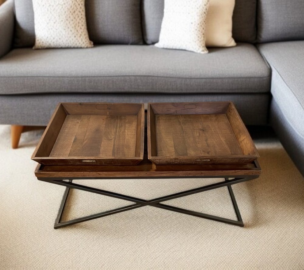 Brown and Black Solid Wood Cross Legs Coffee Table - 27-inch