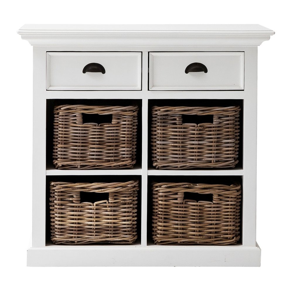 White Accent Cabinet with Two Drawers and Baskets - 35-inch