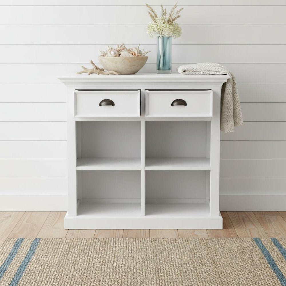 White Accent Cabinet with Two Drawers and Baskets - 35-inch