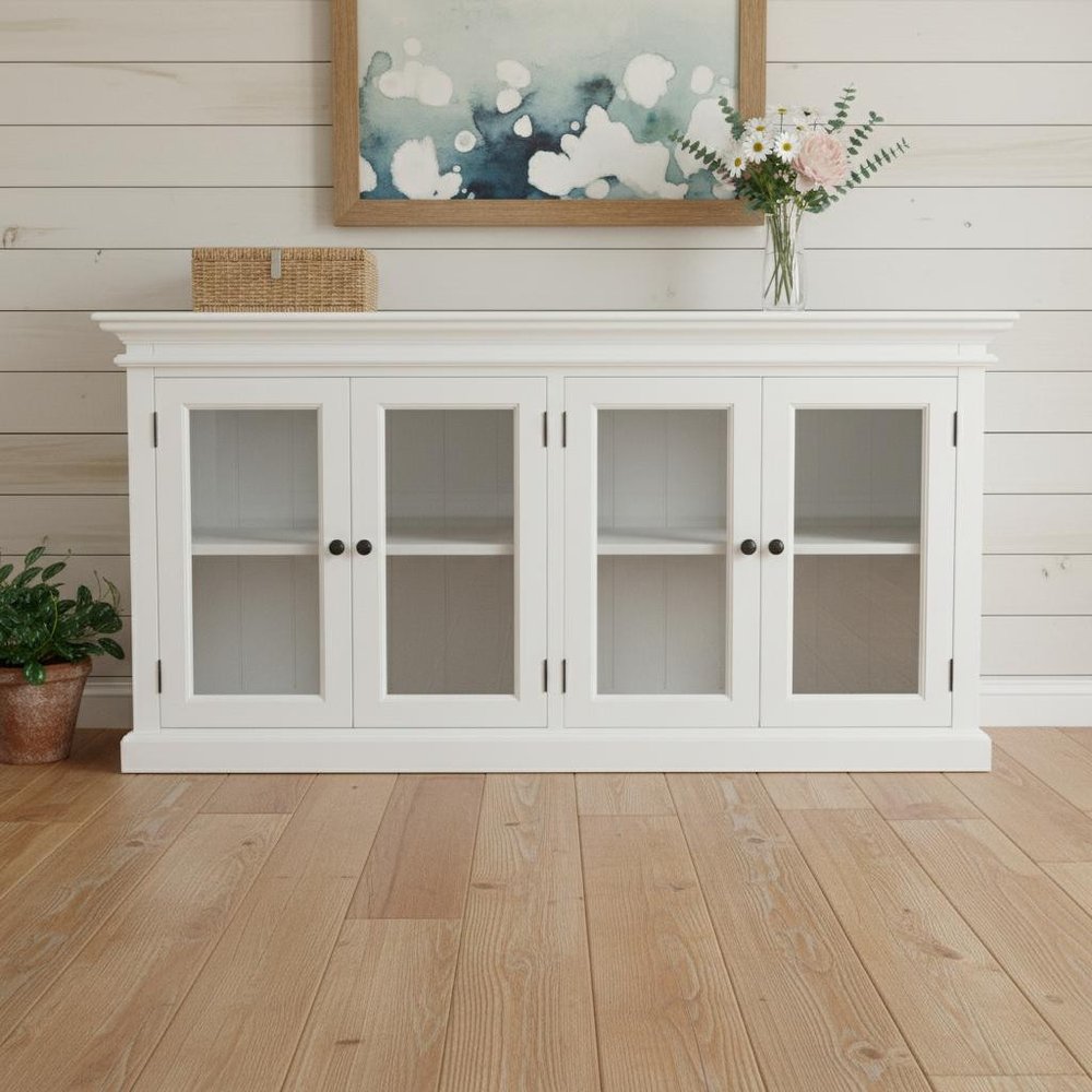 White Distressed Solid Wood Sideboard with Four Glass Doors - 64-inch