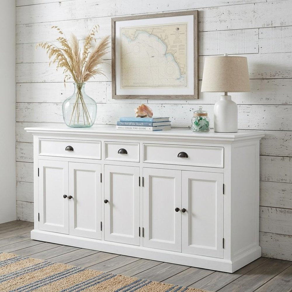 White Solid Wood Three Drawer Sideboard with Five Doors - 71-inch