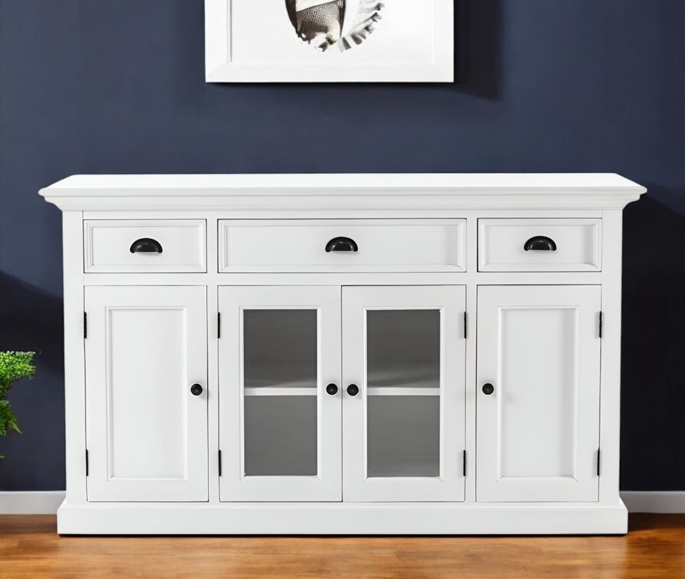 White Solid Wood Three Drawer Sideboard with Four Glass Doors - 57-inch