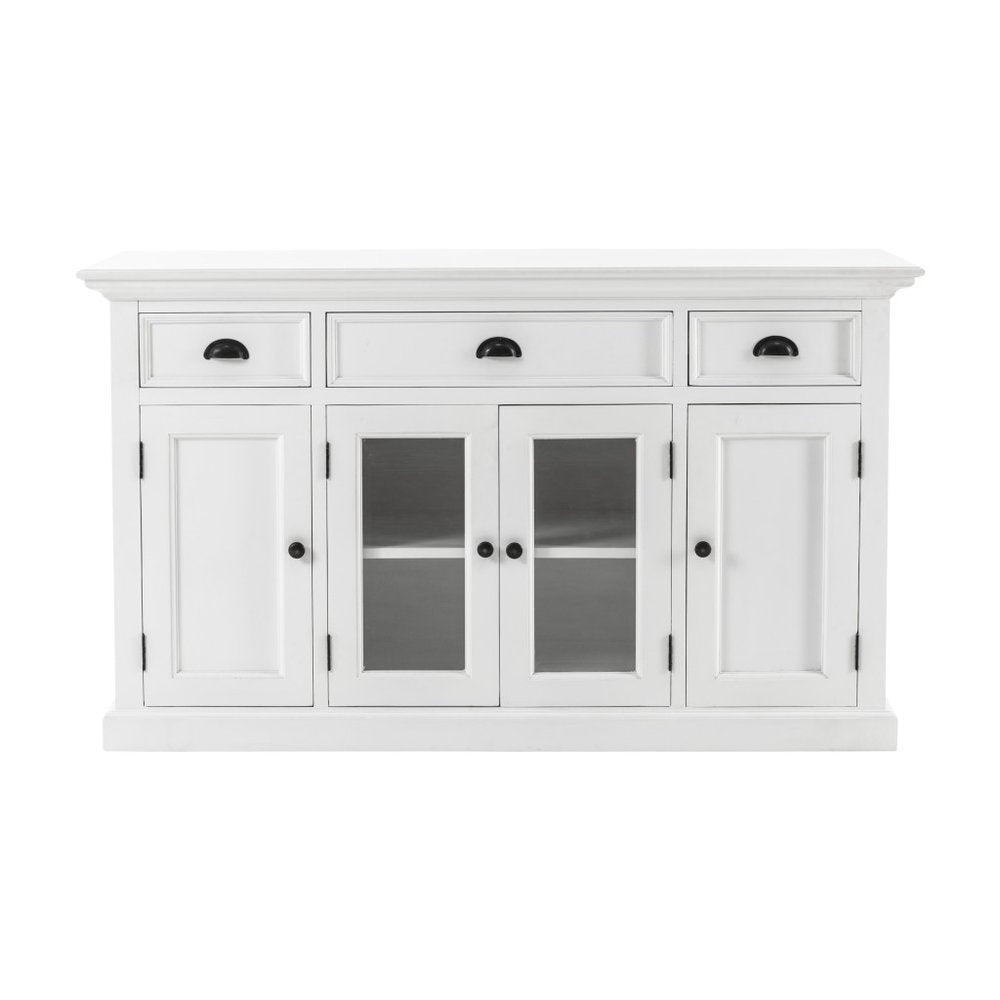 White Solid Wood Three Drawer Sideboard with Four Glass Doors - 57-inch