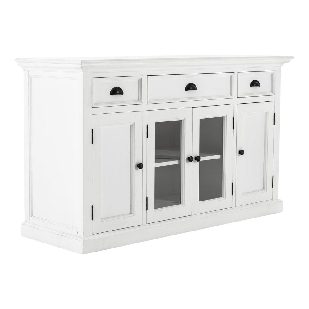 White Solid Wood Three Drawer Sideboard with Four Glass Doors - 57-inch