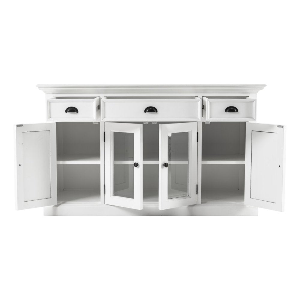 White Solid Wood Three Drawer Sideboard with Four Glass Doors - 57-inch