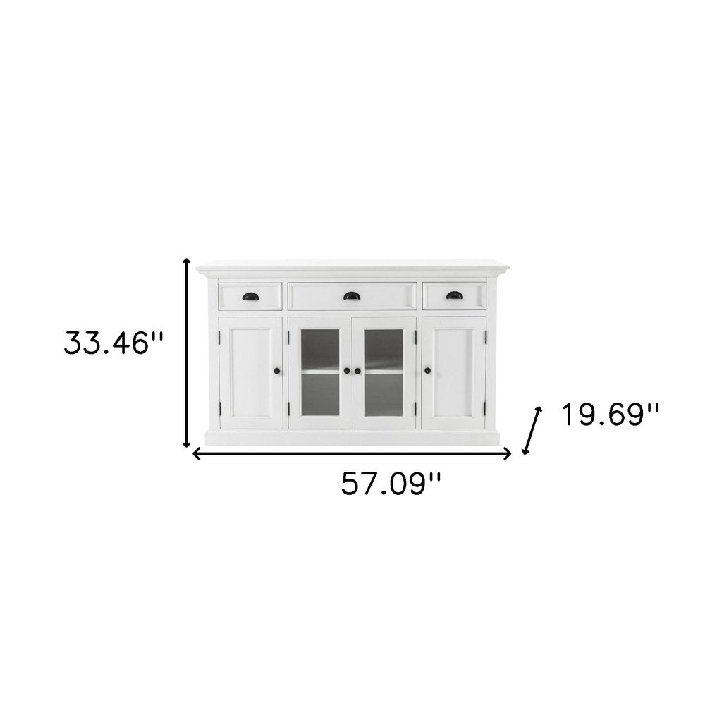 White Solid Wood Three Drawer Sideboard with Four Glass Doors - 57-inch