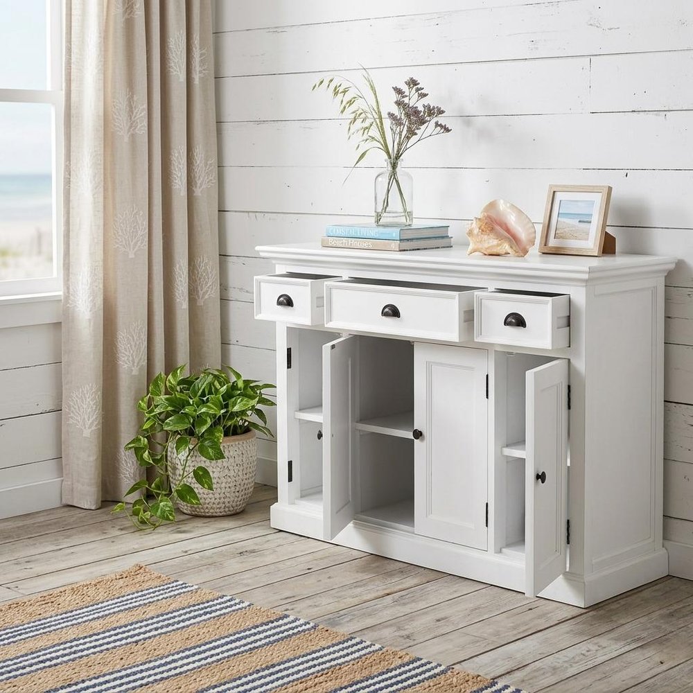 White Solid Wood Three Drawer Sideboard - 57-inch