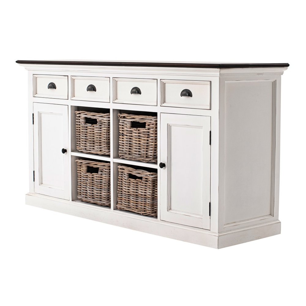Brown and White Distressed Solid Wood Sideboard with Baskets - 63-inch