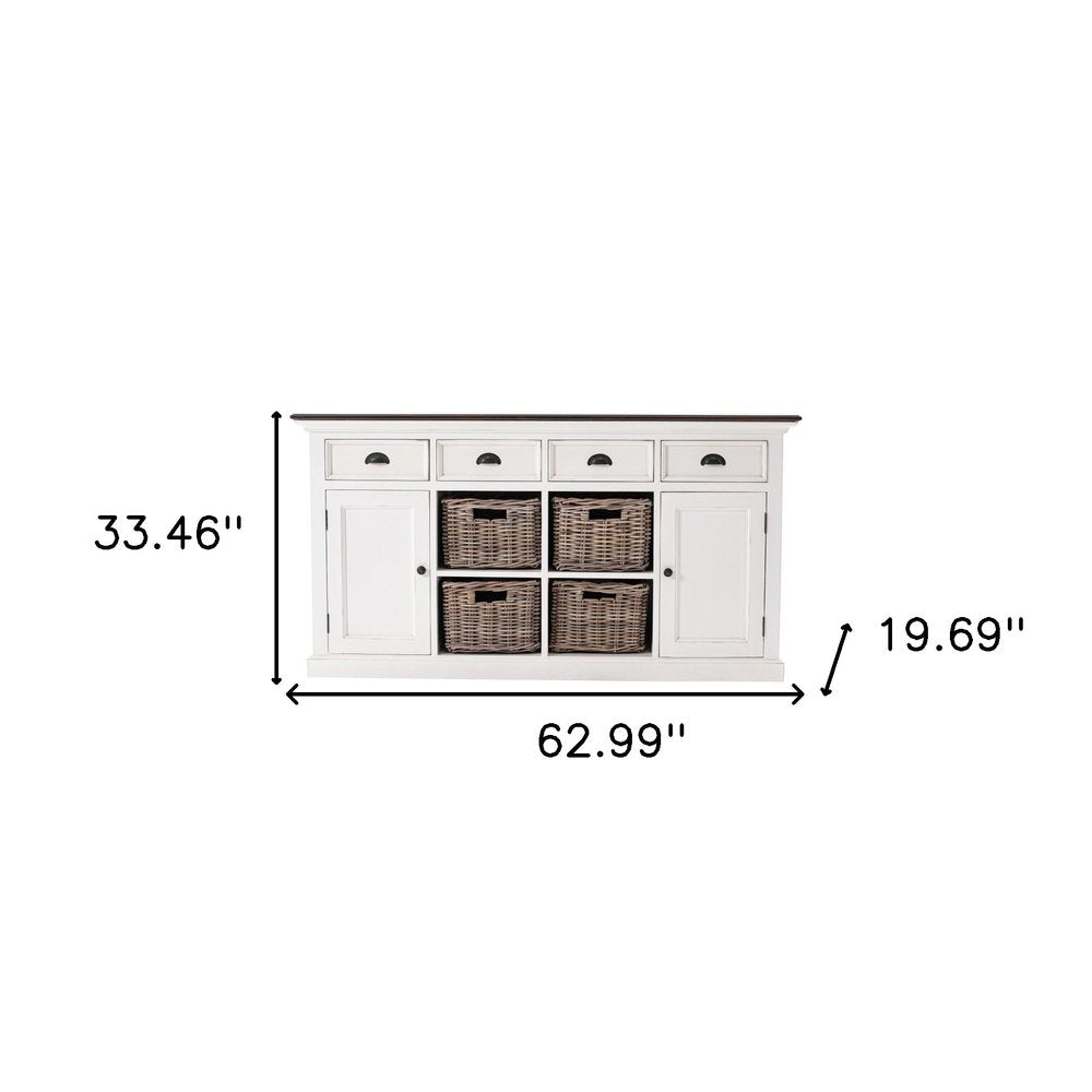 Brown and White Distressed Solid Wood Sideboard with Baskets - 63-inch