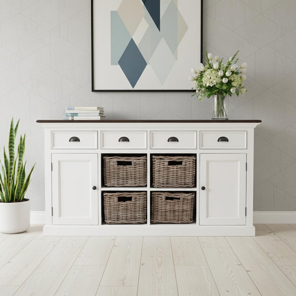 Brown and White Distressed Solid Wood Sideboard with Baskets - 63-inch
