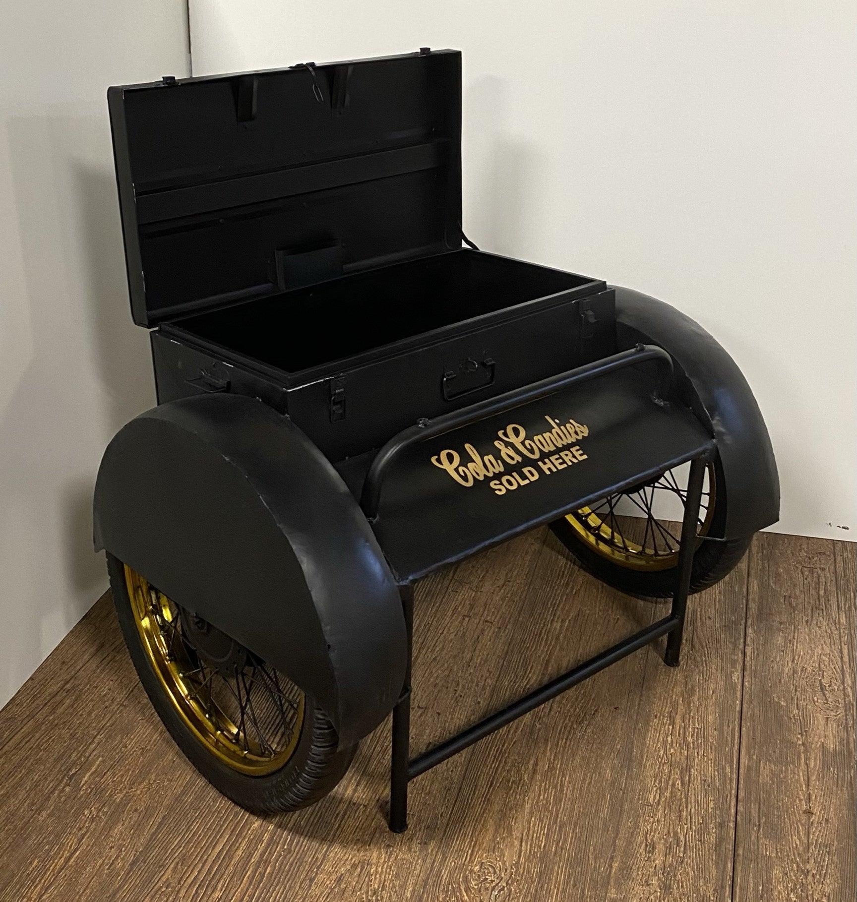 Black Distressed Iron Wheel End Table and Trunk Storage - 28-inch