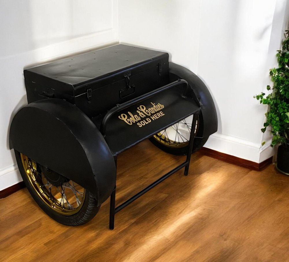 Black Distressed Iron Wheel End Table and Trunk Storage - 28-inch