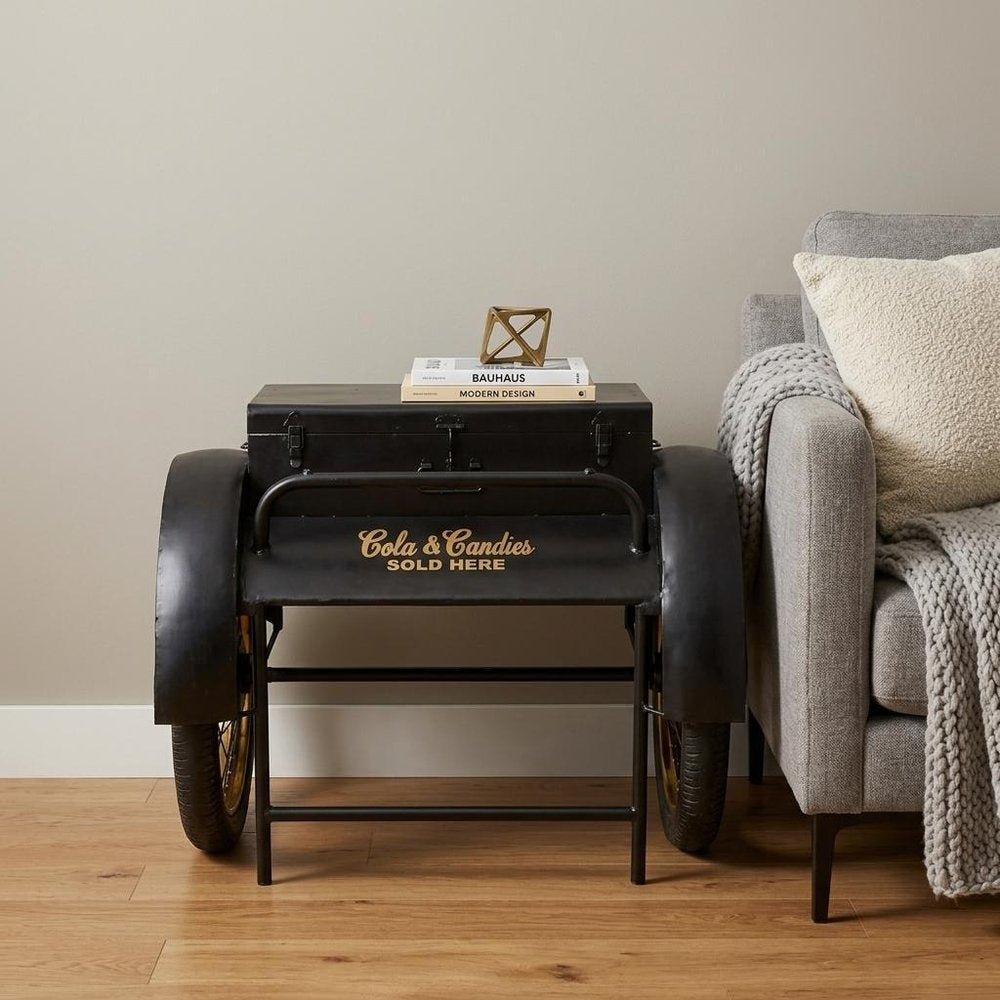 Black Distressed Iron Wheel End Table and Trunk Storage - 28-inch