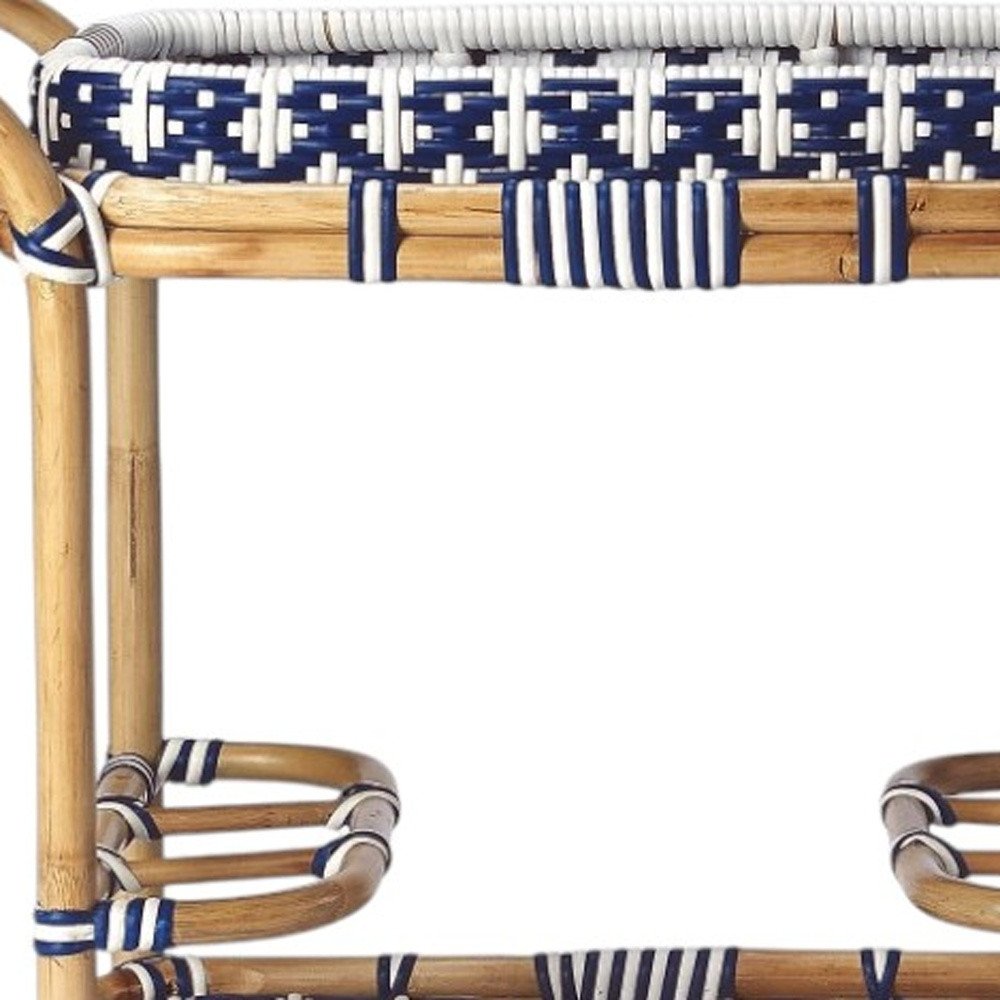 Navy Blue White and Natural Rolling Rattan Bar Cart - 35-inch