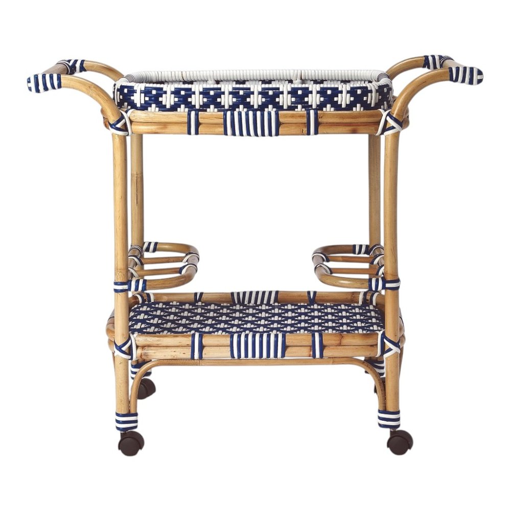 Navy Blue White and Natural Rolling Rattan Bar Cart - 35-inch
