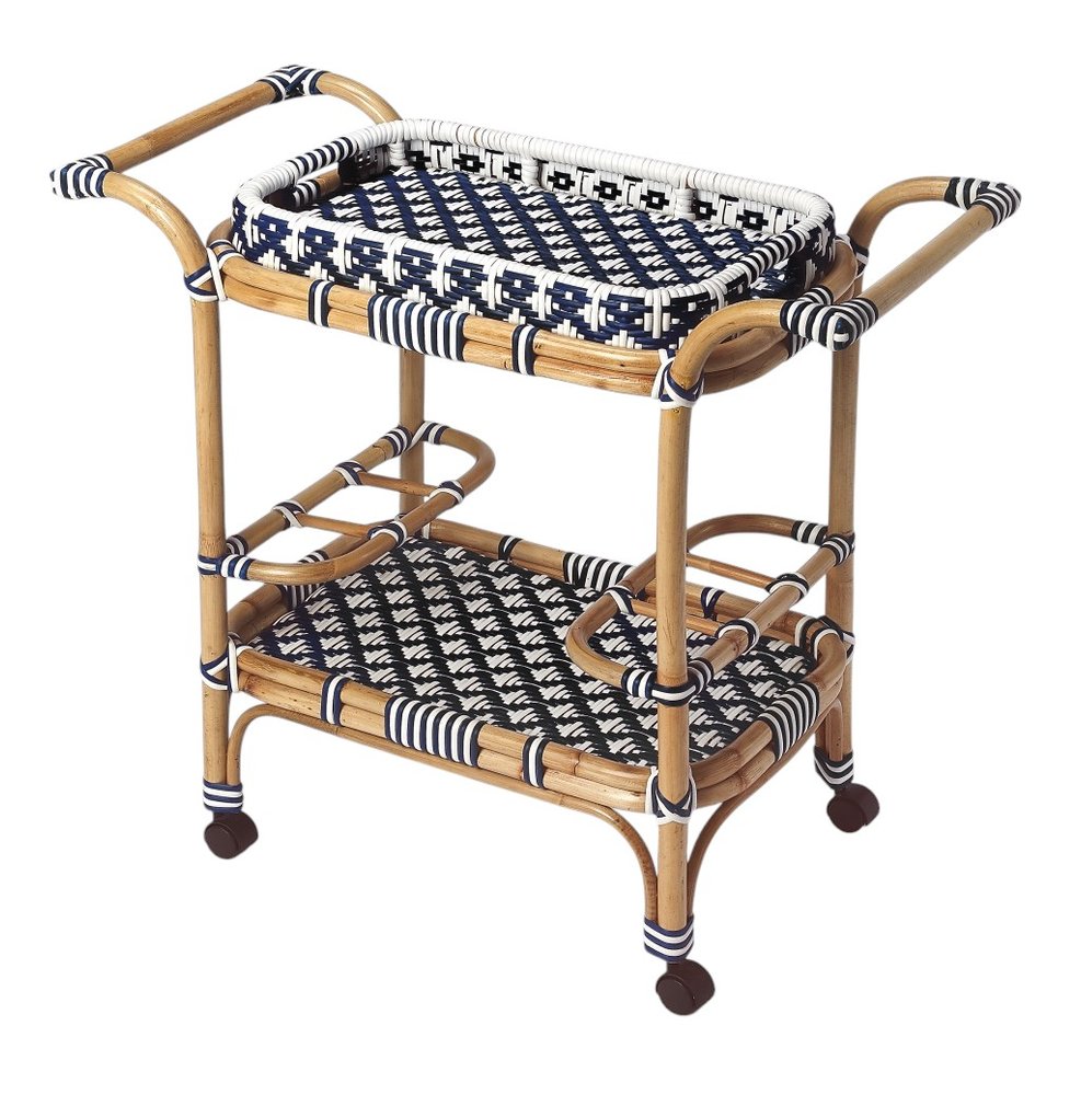 Navy Blue White and Natural Rolling Rattan Bar Cart - 35-inch