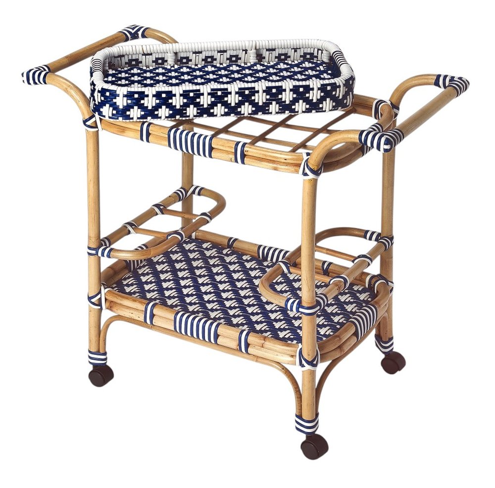 Navy Blue White and Natural Rolling Rattan Bar Cart - 35-inch