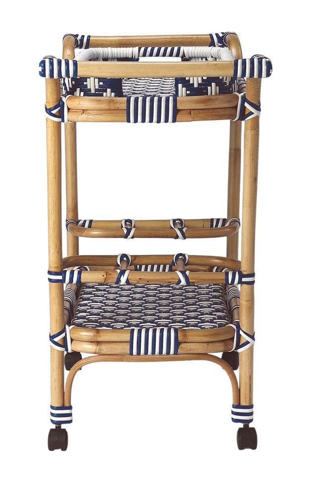 Navy Blue White and Natural Rolling Rattan Bar Cart - 35-inch