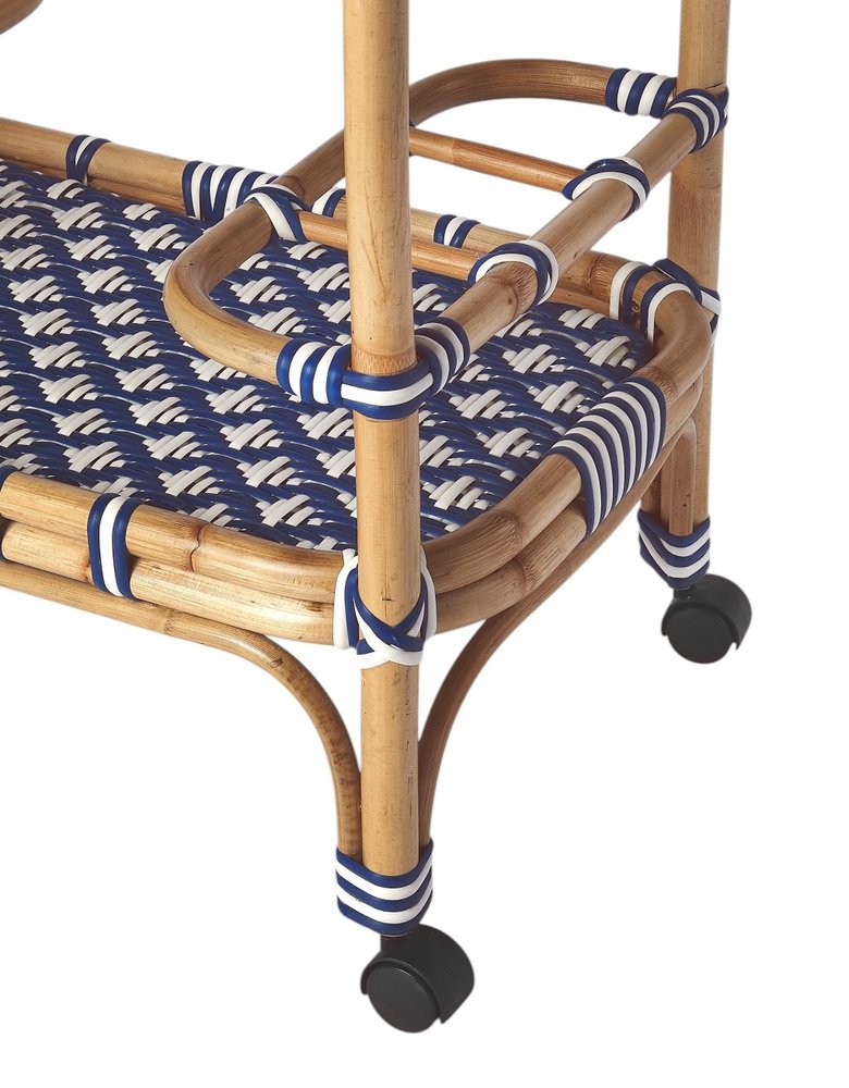 Navy Blue White and Natural Rolling Rattan Bar Cart - 35-inch