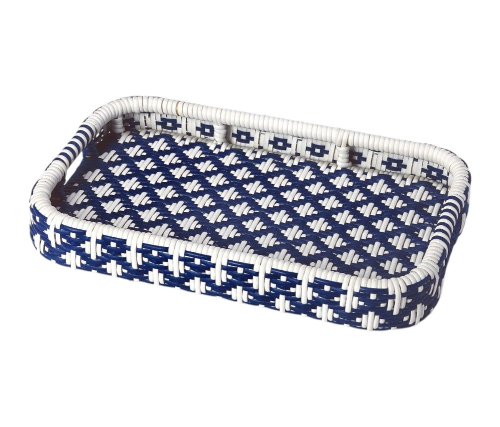 Navy Blue White and Natural Rolling Rattan Bar Cart - 35-inch
