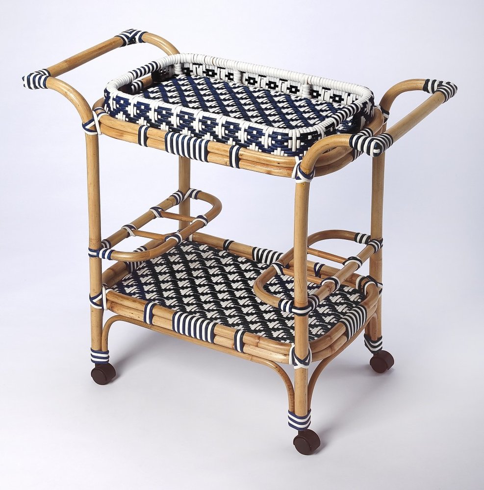Navy Blue White and Natural Rolling Rattan Bar Cart - 35-inch