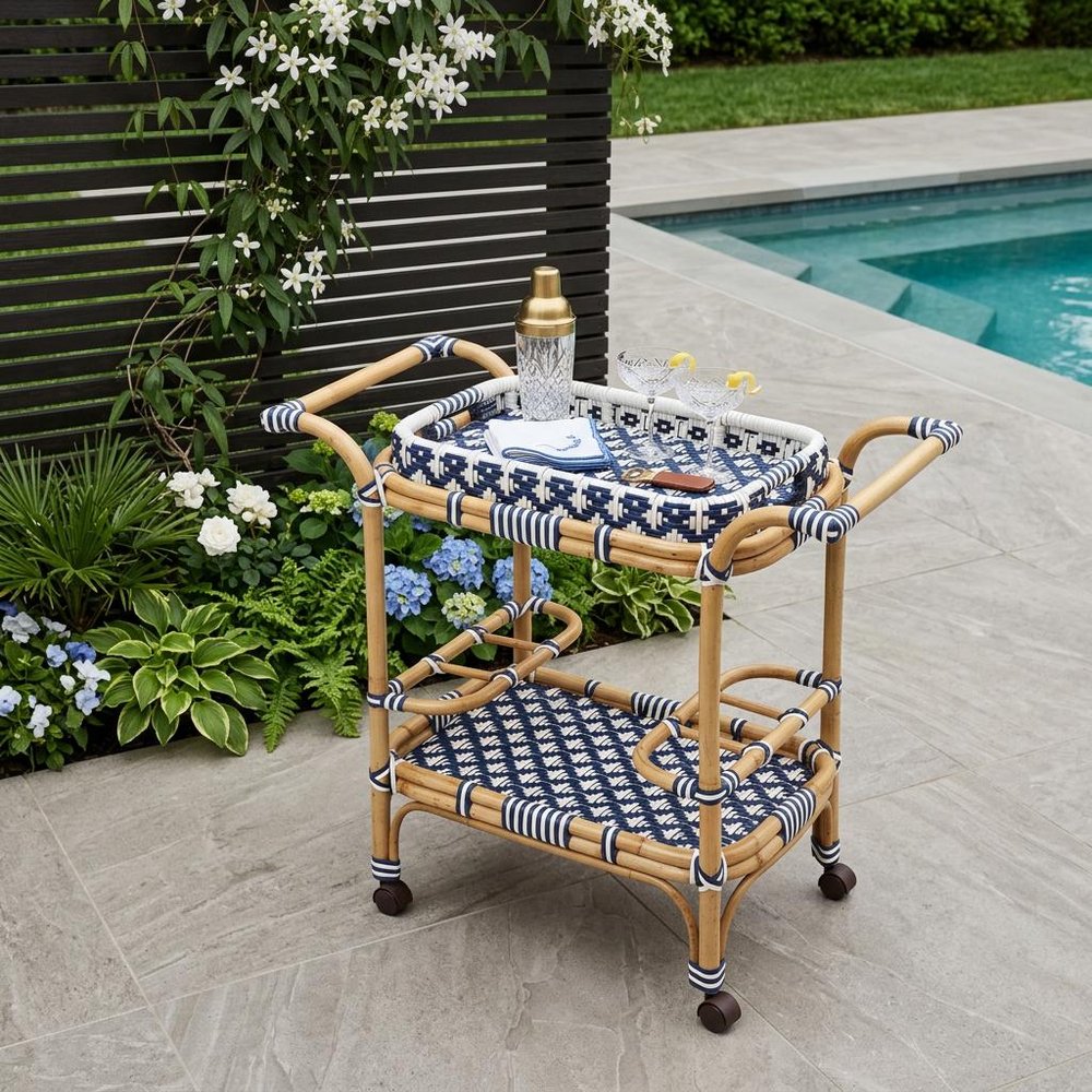 Navy Blue White and Natural Rolling Rattan Bar Cart - 35-inch