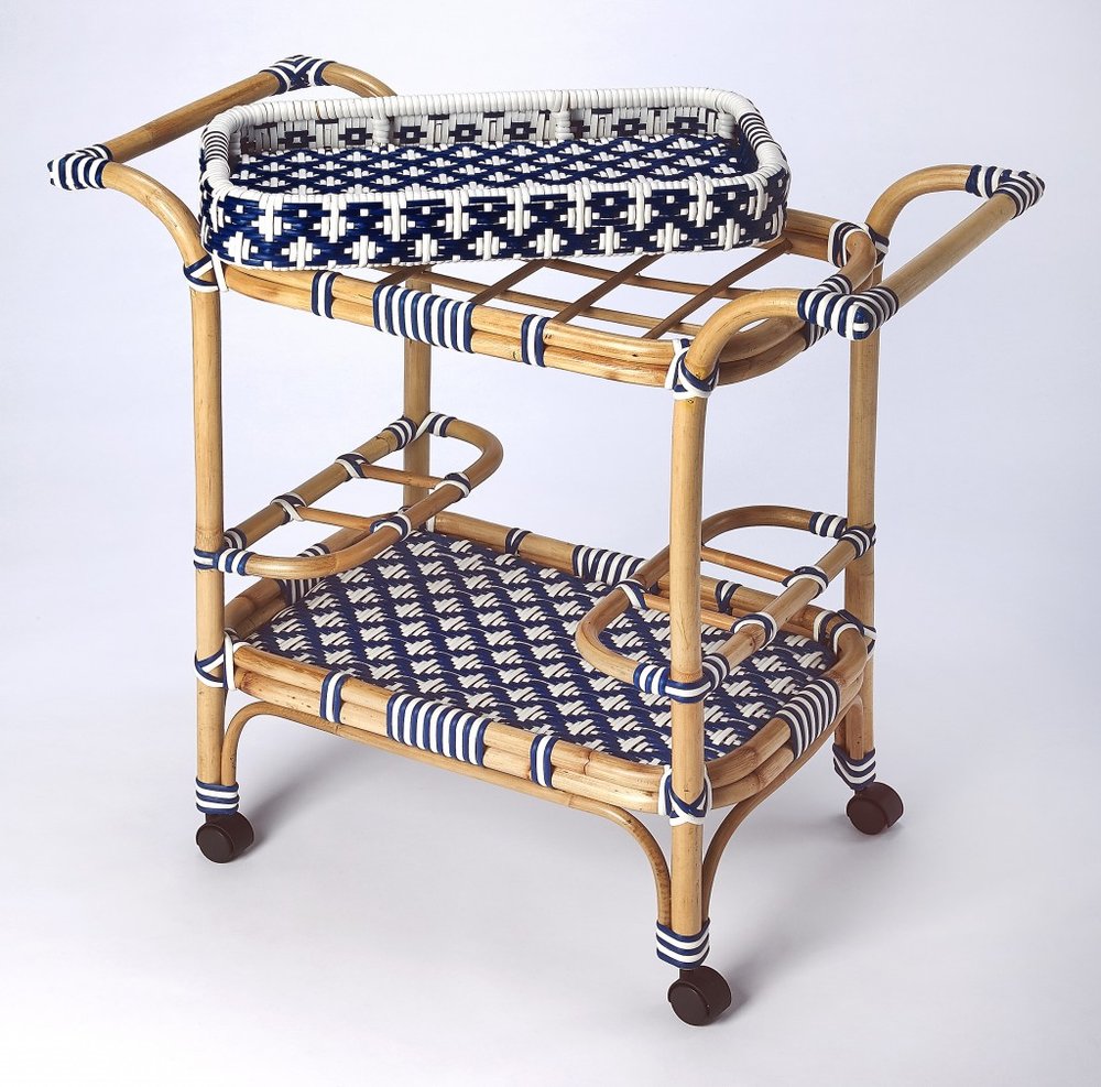 Navy Blue White and Natural Rolling Rattan Bar Cart - 35-inch