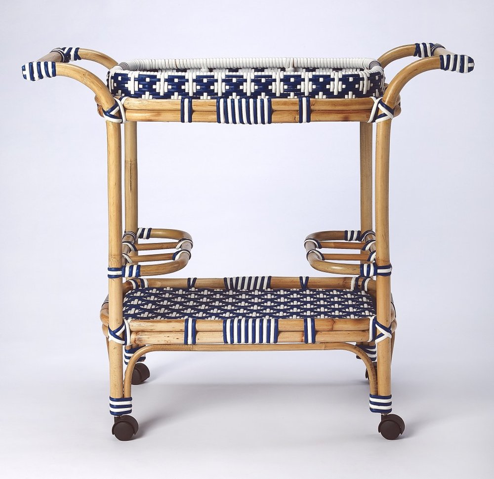 Navy Blue White and Natural Rolling Rattan Bar Cart - 35-inch