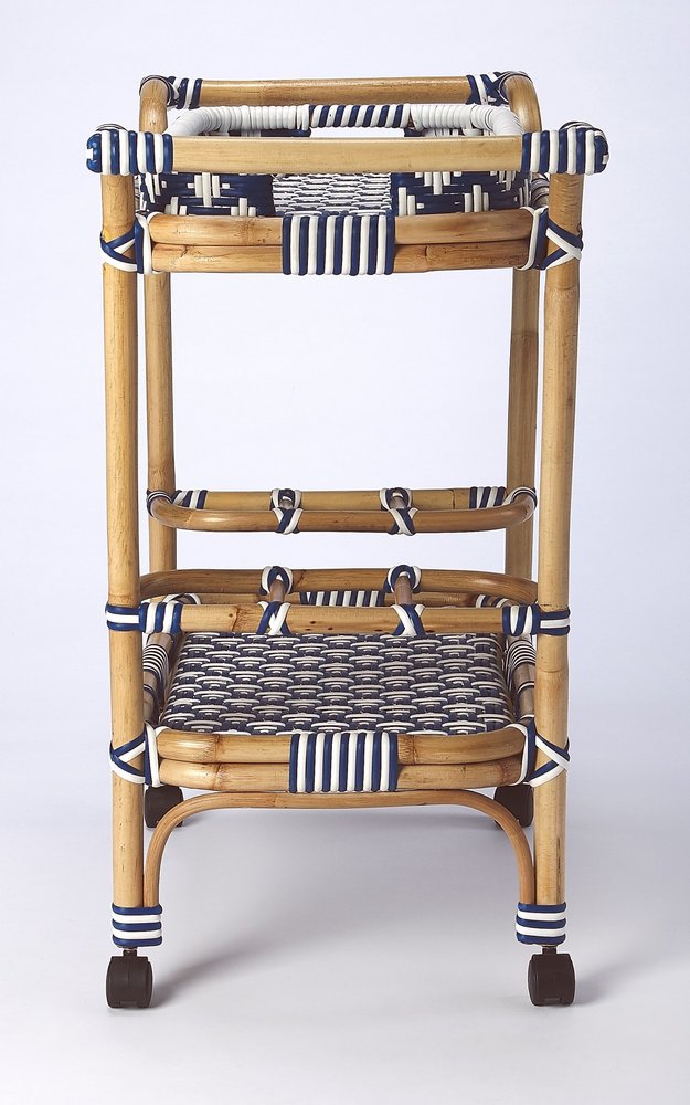Navy Blue White and Natural Rolling Rattan Bar Cart - 35-inch