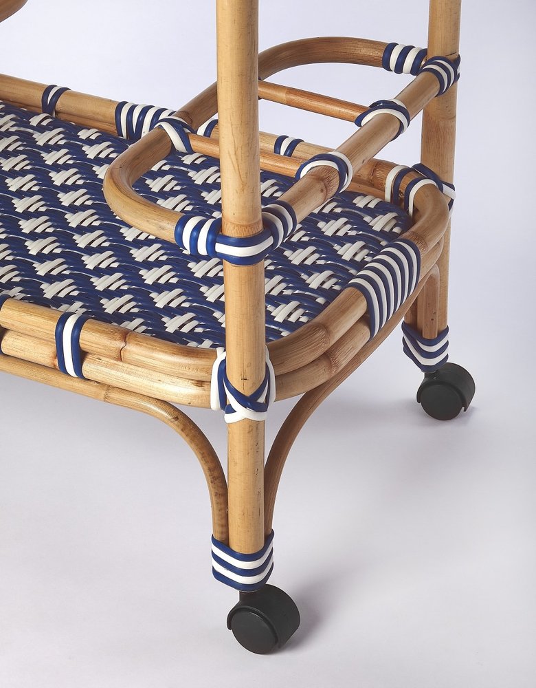 Navy Blue White and Natural Rolling Rattan Bar Cart - 35-inch